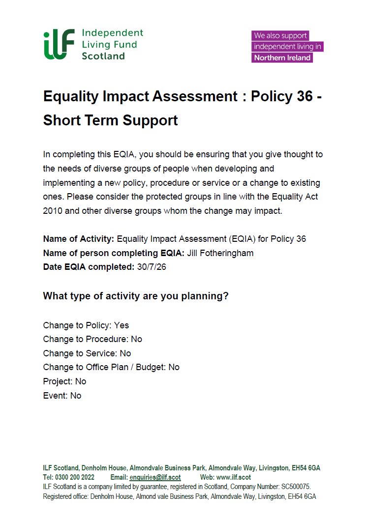 Front page of EQIA - Policy 36 - Short Term Support - 20260731