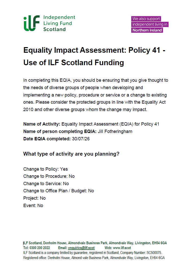Front page of EQIA - Policy 41 - Use of ILF Scotland Funding - 20260731