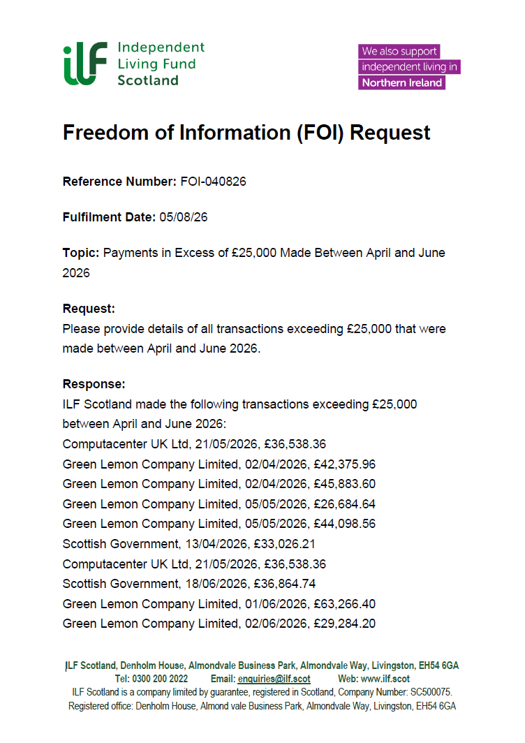 Front page of FOI-040826 - Payments in Excess of £25,000