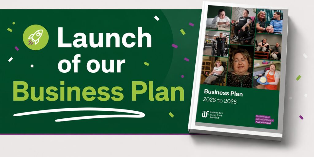 A green background with the text that reads Launch of our Business Plan. A copy of our Business Plan sits on the right of the image. An icon of a rocket and confetti in green, purple and white are also present.