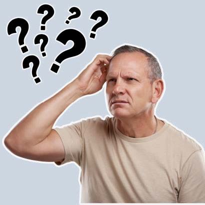 A man scratching his head in confusion. There are black question marks above his head.