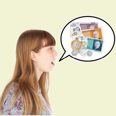 A woman talking with money and coins in a speech bubble next to her.