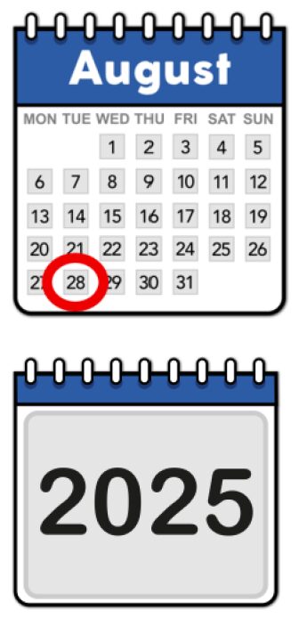 Two calendar icons. One showing 28 August and the other showing 2025.