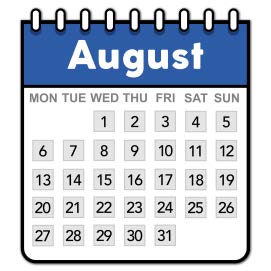 Calendar icons for August with the 28th circled in red.