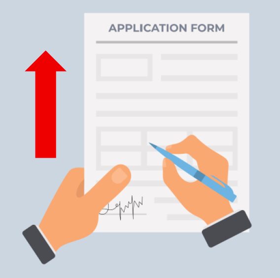 Cartoon hands filling in application form with red up arrow