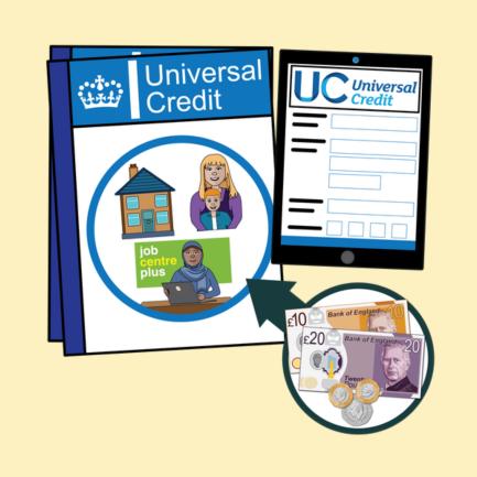 Cartoon Universal Credit leaflet. Money in coins and notes point to the leaflet.