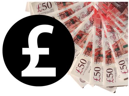 Fan of fifty pound notes in cash money with a pound sign over the top.