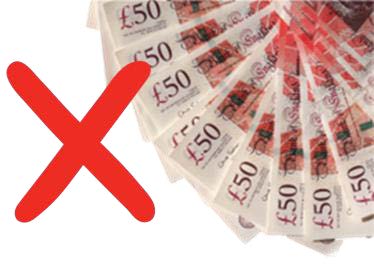 A fan of cash money (fifty pound notes) with a red x cross.
