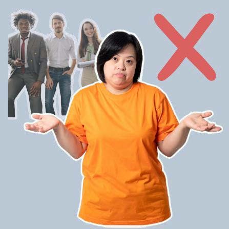 A woman in orange shrugging with a staff team and red cross behind her.