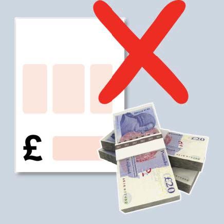 An invoice with a pile of money. A big red cross x is across them.