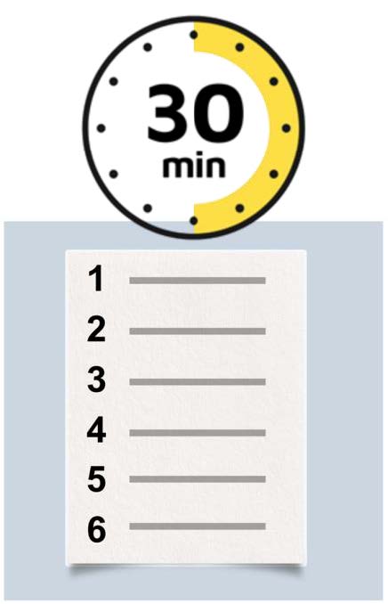 A document with a numbered list. Above it is a stop watch clock with 30 minutes in yellow on it.