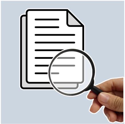 Document with magnifying glass over it held by a hand.