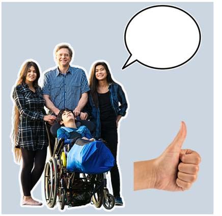 Family with empty speech bubble and thumbs up.