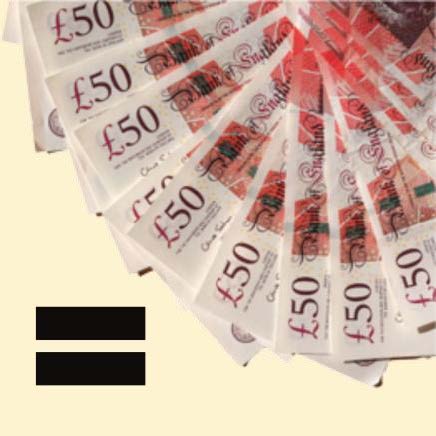 A fan of cash money (fifty pound notes) with a black equals sign in the bottom left.