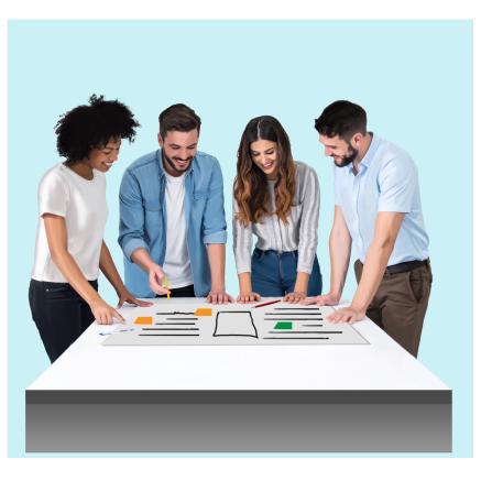 Four people standing round a table looking at documents laid out.