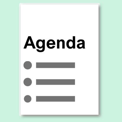 An agenda with three bullet points sits on a green background.