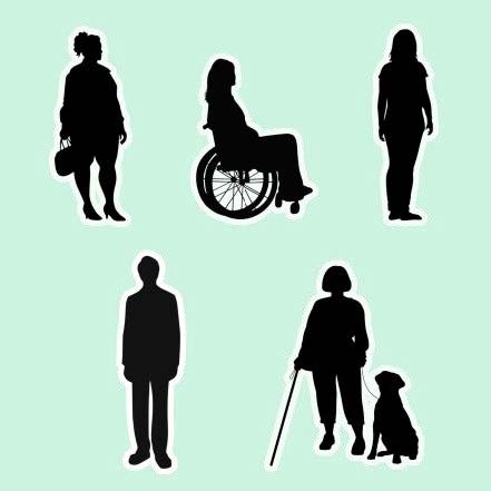 Silhouettes of five people and a guide dog with a green background.