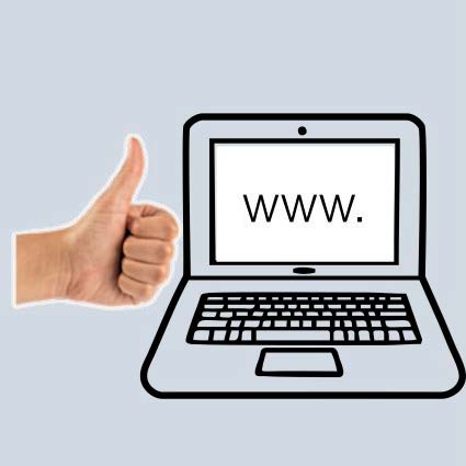 A hand giving the thumbs up next to a laptop computer with a www website link on it.