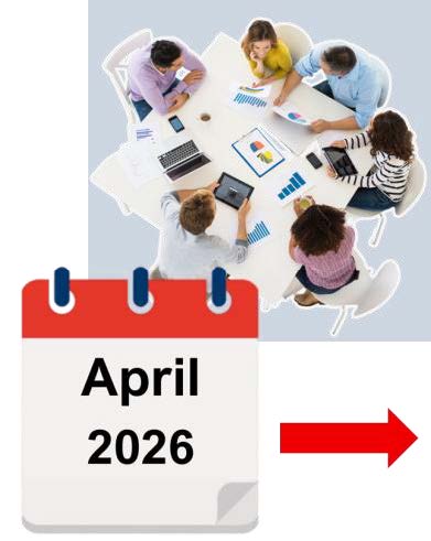 A group are meeting round a table. There's an April 2026 Calendar icon and a red arrow pointing right underneath.