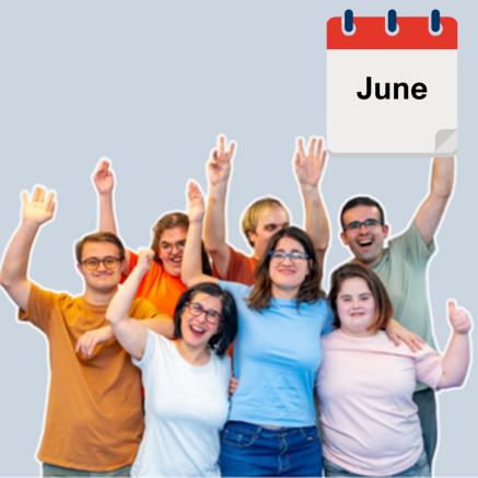 Group of people with their hands up and a June calendar icon.