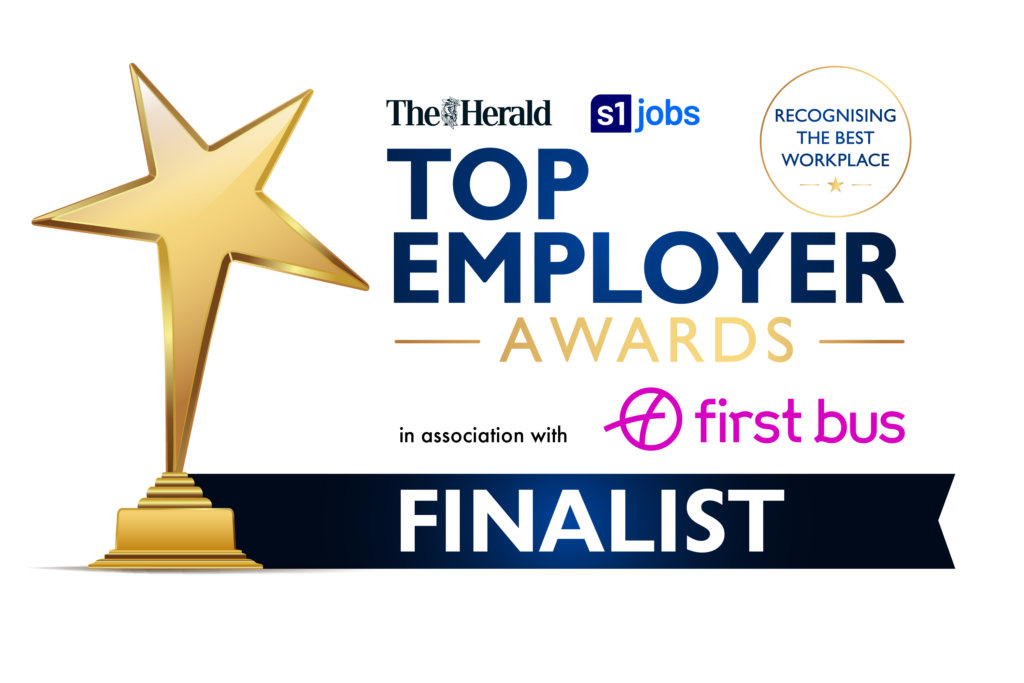 Gold star-shaped trophy beside a badge reading “The Herald s1jobs Top Employer Awards”. The badge includes the text “Recognising the Best Workplace”, “in association with First Bus”, and a dark blue ribbon stating “Finalist”. The design uses gold, blue and pink branding on a light grey background.