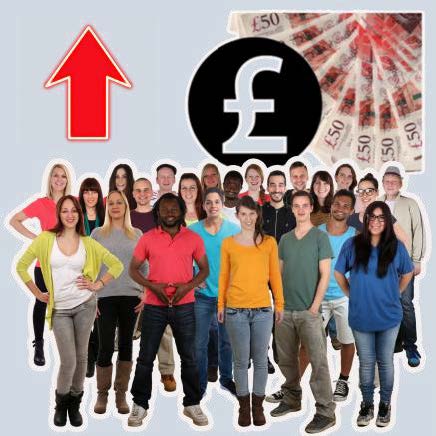 A large group of young people next to a red arrow pointing up. Behind them is a big pound sign and a fan of cash money.