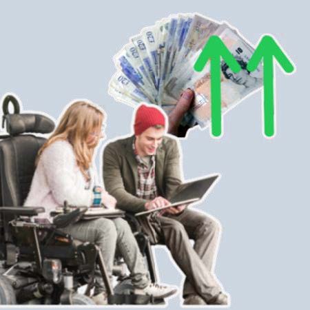 A support worker showing information to a woman. A hand holding cash is behind them with two green arrows pointing up.
