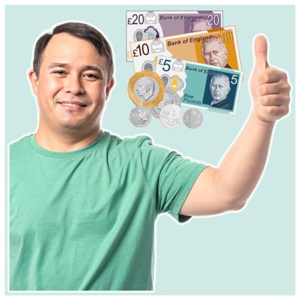 Man in green giving thumbs up with cash money above him.