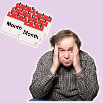 Man is worried - holding his head in his hands. Calendar month icons sit above him