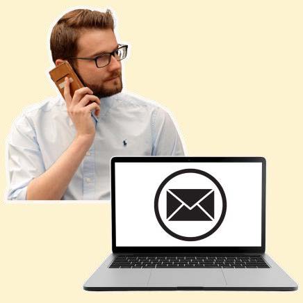 Man on phone in top left image. Underneath, a laptop computer with an email envelope sign.