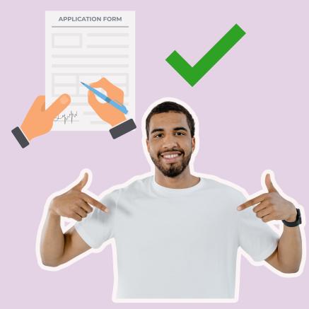 A man pointing to himself next to an application form and a green tick.