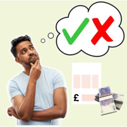 A thinking man next to an invoice and a pile of money in notes. He is thinking of a green tick and a red cross.