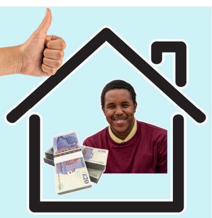 A hand giving a thumbs up beside a man and money inside a house shape.