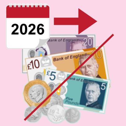 Money with a red line through it next to the year 2026 on a calendar page with a big red arrow pointing to the right.