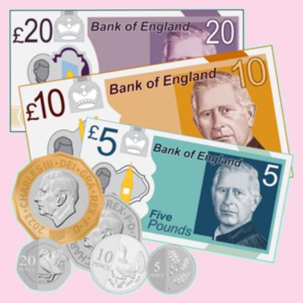 Money in coins and notes with King Charles on them.