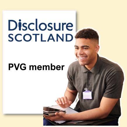 A man next to a document with the Disclosure Scotland logo on it and the words PVG member.