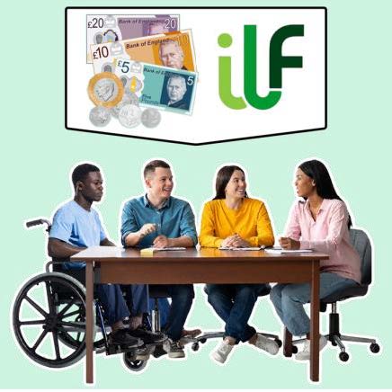 People meeting at a table. Above them is the ILF logo alongside a pile of cash and notes.