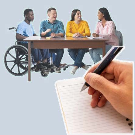 People meeting at a table - someone taking minutes in the foreground