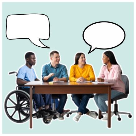 People meeting round table with empty speech bubbles above their heads