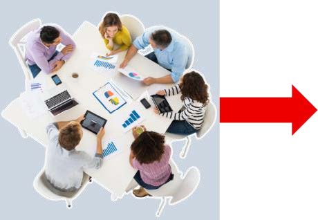 People meeting round a table with a big red arrow pointing to the right.