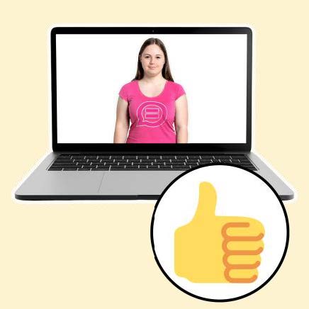 Woman in a pink top on laptop with thumbs up emoji next to the image.