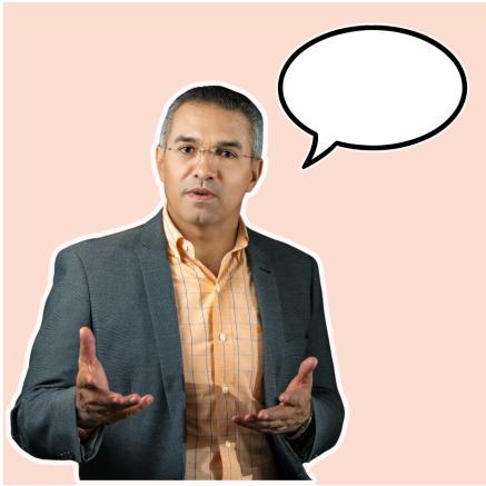 A man asking a question with an empty speech bubble above him.