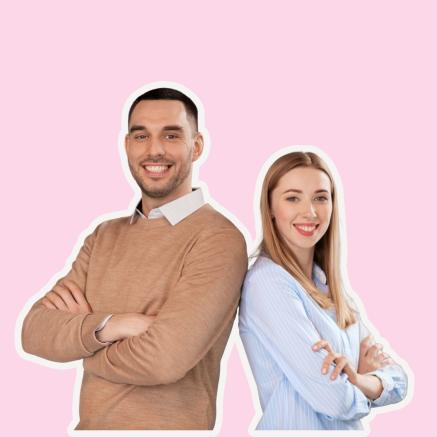 Smiling man and woman back to back