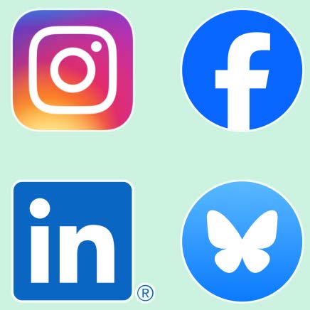 Social media icons in a square - instagram, facebook, linkedin and bluesky.