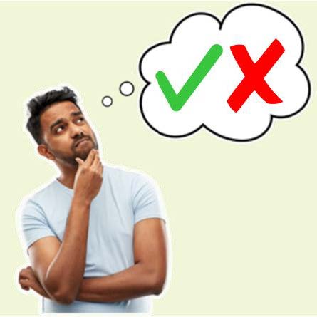 A thinking man. He is thinking of a green tick and a red cross in a thought bubble above his head.