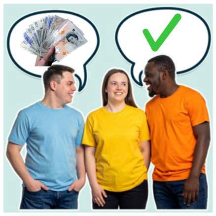 Three people talking with speech bubbles above their heads, one showing money and one showing a green tick.