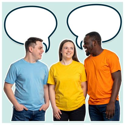 Three people talking with empty speech bubbles above their heads