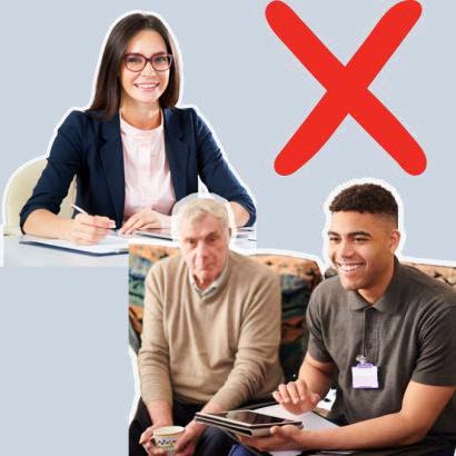 Two men doing paperwork sitting on a couch. Above them is an image of a social worker with a red cross beside her.