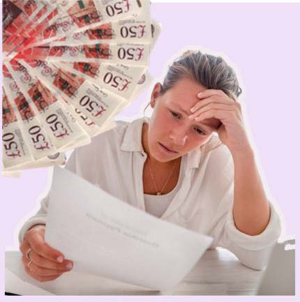 Upset woman reading bill with fan of money above her head.