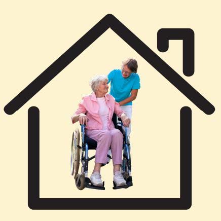 Older woman in a wheelchair with a carer. Both are surrounded by a cartoon house.